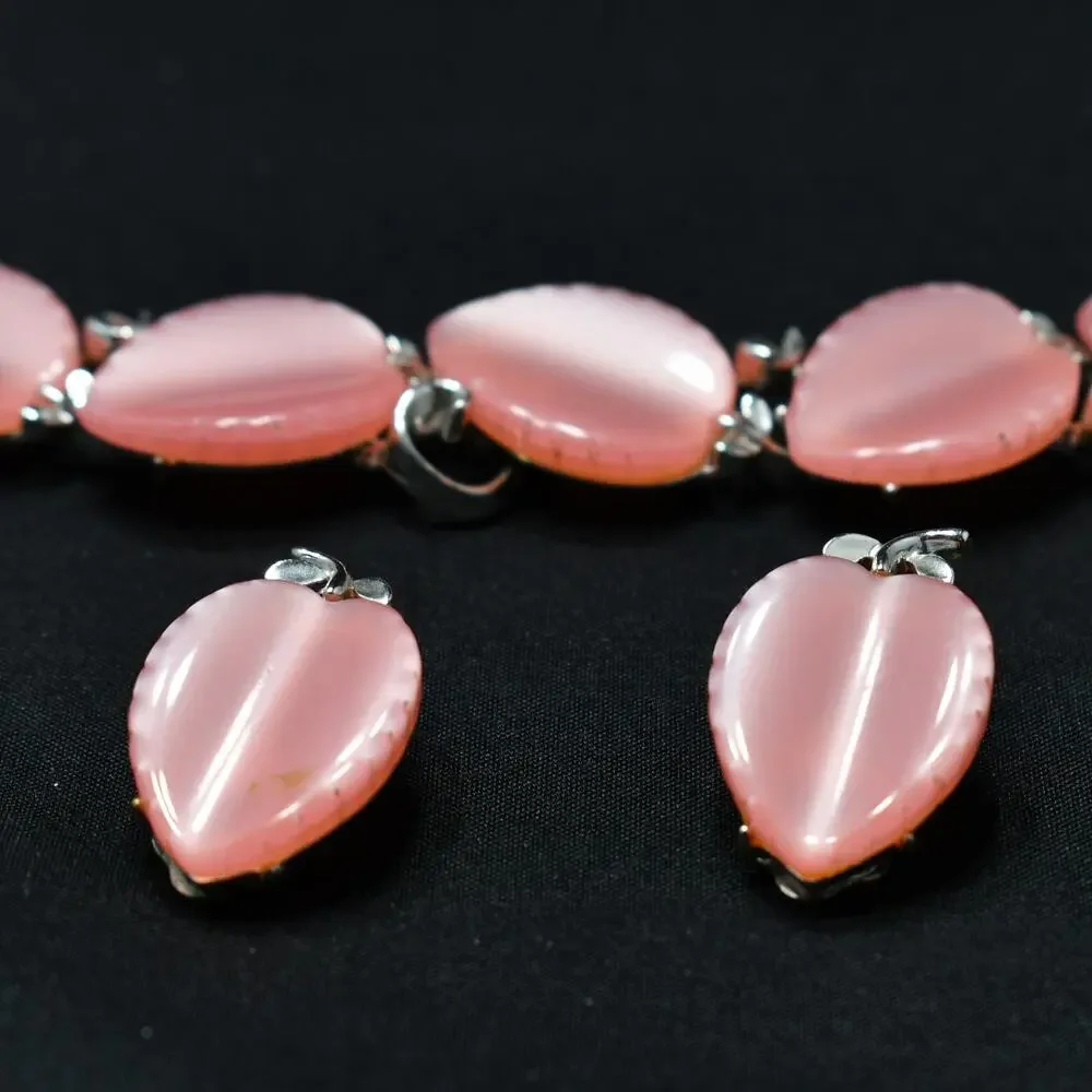Lisner Pink Lucite Bracelet & Earrings Set Silver Tone 1950s Vintage Jewelry